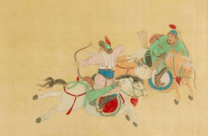 null Chasse au tigre. Peinture sur soie. Chine XIXème siècle. 32.5x162cm