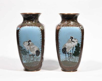 null JAPON - Epoque MEIJI (1868 - 1912) Paire de vases de forme carrée à col étroit...