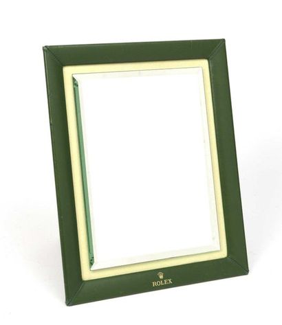 null ROLEX : miroir de présentation en cuir vert et sedine tilleul, glace biseautée,...