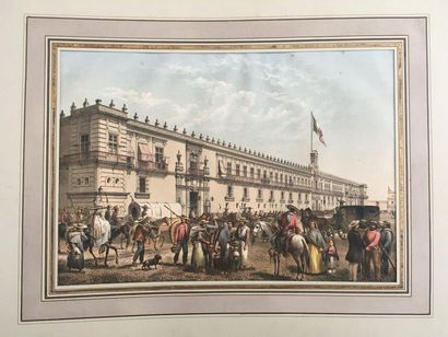 null Two lithographs of views of Mexico City, "Plaza de Morelos", "National Palace...