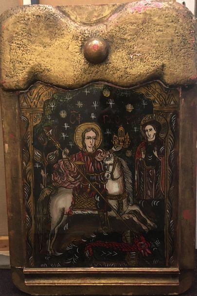 null Saint-Michel terrassant le dragon, 

Peinture sur bois, sous verre dans encadrement...