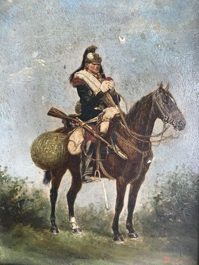 null DETAILLE Edouard (1848-1912) 

L'artilleur à cheval 

Huile sur panneau Signé...