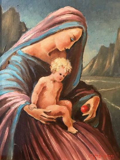 null Jean-Dominique VAN CAULAERT (1885 - 1977) Vierge à l'enfant Huile sur isorel...