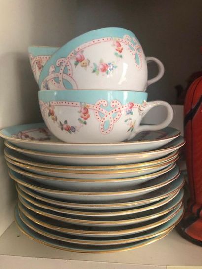 null Blue and pink Minton porcelain coffee service set including 12 saucers and 11...