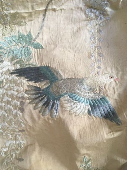 null Large embroidered Chinese fabric decorated with flowers and birds, the woven...