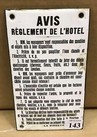 null HOTEL REGULATIONS: Enamelled and domed cleanliness plate.