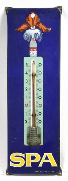 null SPA: Flat enamelled thermometer with ears, illustrated after Jean d'Ylen (1886-1938)....