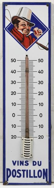 null VIN DU POSTILLON : Thermomètre émaillé plat à rebords, illustré du célèbre Cocher...