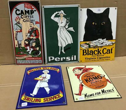 null ENAMELED PLATES: 5 modern re-editions: Black Cat, Camp, Komo, Persil and Walter...