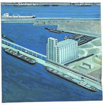 null Pierre CHARBONNIER (1897-1978) Port et cargos, Anvers Aquarelle signée en bas...