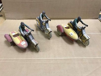 null Soviet toys from the 60's: two SIDE-CARS with pilot and motorcycle with pilot,...