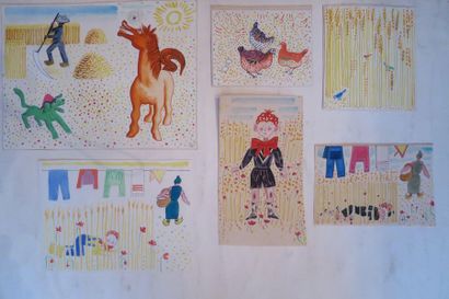 null Lot de neuf aquarelles représentant des dessins animaliers pour enfants et un...
