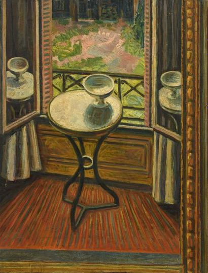 null Pierre CHARBONNIER (1897-1978) Le guéridon devant la fenêtre Oil on panel. 75...