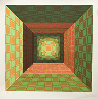 null VICTOR VASARELY (1906-1997) Green and orange composition Colour silkscreen on...
