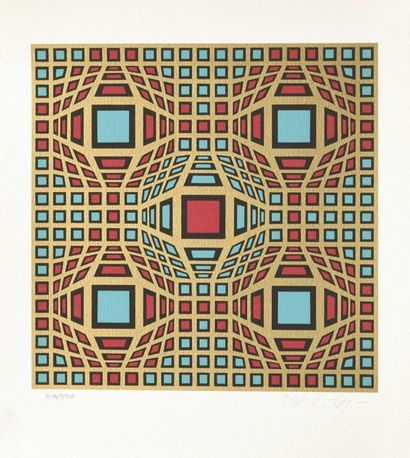 null VICTOR VASARELY (1906-1997) Composition gold, red and blue Silkscreen in colours...