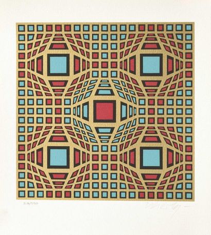 null VICTOR VASARELY (1906-1997) Composition or, rouge et bleu Sérigraphie en couleurs...