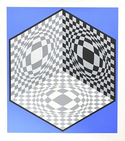 null VICTOR VASARELY (1906-1997) Composition bleu, blanc et noir Sérigraphie en couleurs...