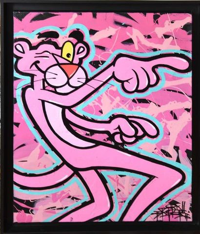 null FAT (1990) The Pink Panther, 2019 Acrylic, aerosol, posca on canvas. 55 x 46...