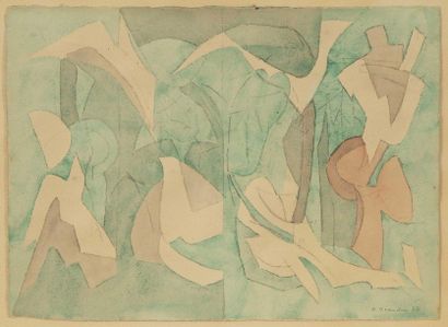 null André BEAUDIN (1895-1979) Encounter of birds, 1977 Watercolour on pencil strokes...