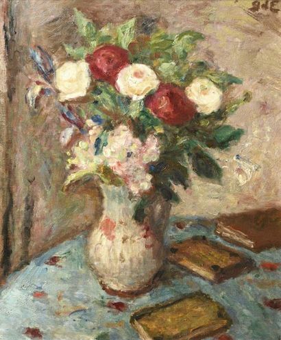 null Georges D’ESPAGNAT (1870-1950) Nature morte au vase de fleurs et au livre Huile...