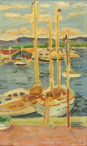 null Jules CAVAILLES (1901-1977) Fenêtre ouverte sur le port de Saint-Tropez Huile...