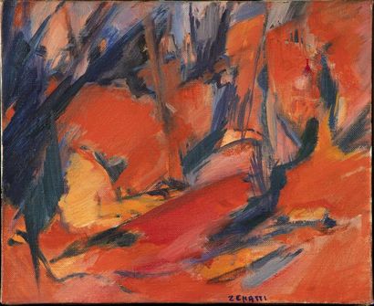 null Josette ZENATTI (1930-2008) Soleil rouge Huile sur toile signée en bas à droite....