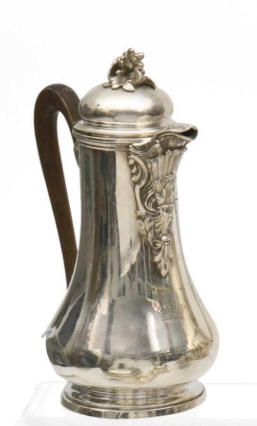 null Tripod coffee pot in plain silver, the body engraved with double coat of arms...