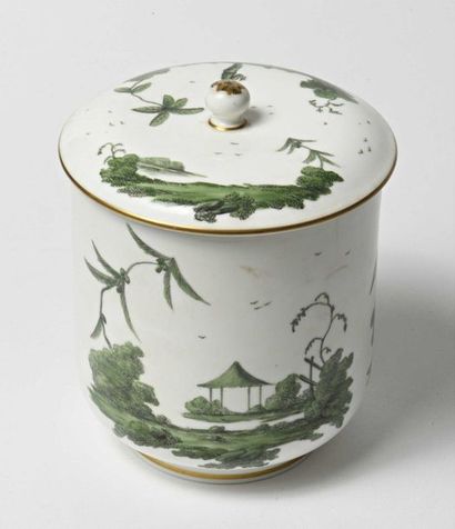 null Cylindrical covered porcelain pot with white background decorated in green monochrome...