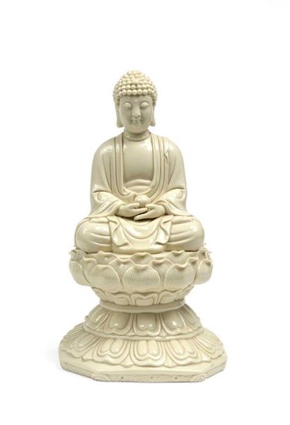 null Bouddha en céramique vernissée blanc en position du lotus Hauteur : 30.5cm