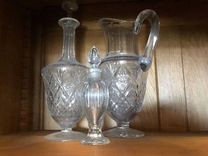 null Decanter, pitcher and a cut crystal bottle
