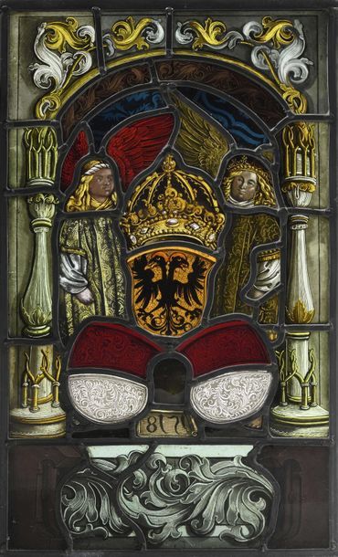 null Stained-glass window decorated with "Or with a double-headed eagle Sable" under...