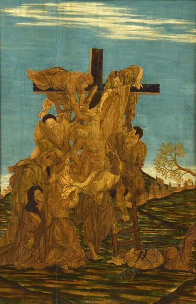null The Descent from the Cross Rare panel in straw marquetry veneer in a gilded...