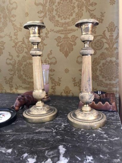 null Bronze and brass candleholders, pair of earthenware pot holders, pair of Louis...