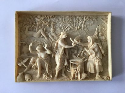 null Carved ivory plaque with an erotic scene bearing the inscription "Verkauft lieben...