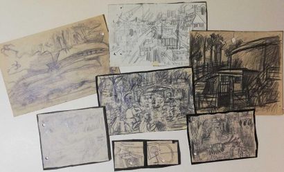 null PARIS Gabriel Lot of 7 drawings Pencil lead on paper between 18x20cm and 6x...