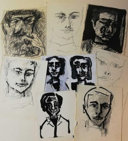 null PARIS Gabriel Lot of 8 drawings Ink, pencil, gouache and charcoal on paper between...