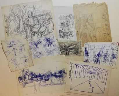 null PARIS Gabriel lot of 9 drawings Ink and pencil on paper between 25x33 and 2...
