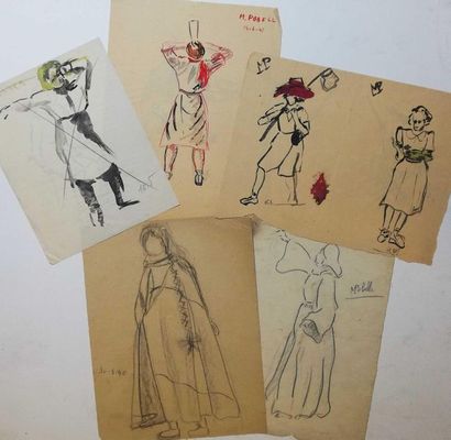 null Circ. 1940/1941 Set of 5 pencil, ink and gouache drawings on paper. Bears a...