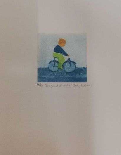 null GABY-EDEN, Child on a bicycle Engraving on paper. Signed lower right and numbered...