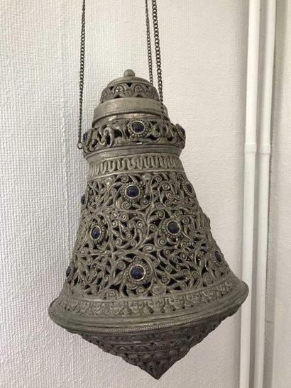null Openwork metal lamp, inlaid with hard stones