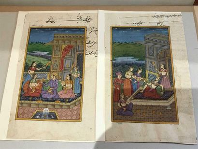 null Set of two Persian miniatures Palace scene Inscriptions on the back and around...