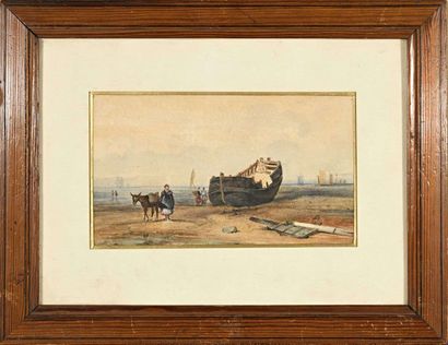null Camille Joseph Etienne ROQUEPLAN (1800-1855) Navire échoué Aquarelle sur papier....