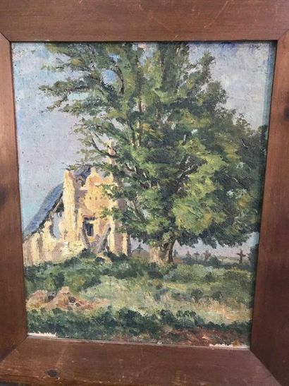 null Ecole moderne Eglise dans un paysage de campagne 40 x 32 cm Enfoncements et...