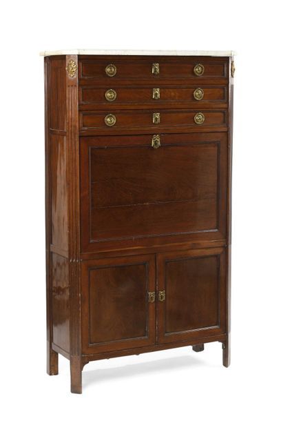 null Secretary in mahogany cupboard opening with three drawers in the upper part...