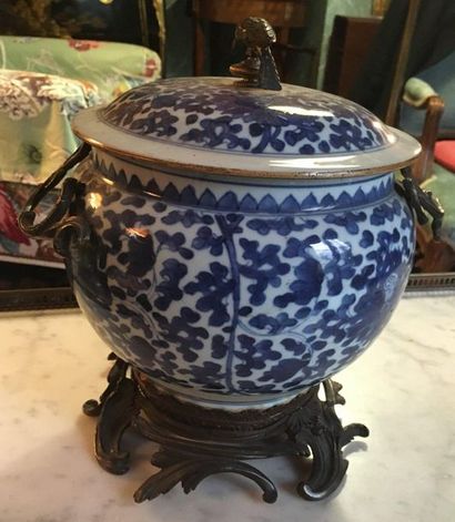 null 106 China Covered porcelain pot with blue lotus monochrome decoration. 18th...