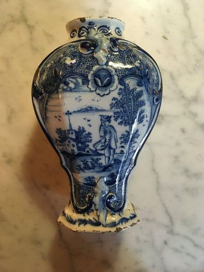 null 152 Delft Earthenware baluster vase with blue monochrome decoration of a man...