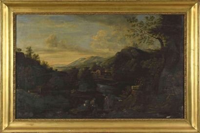 null 17 Roman school mid 17th century Wooded landscape at the river with villagers...