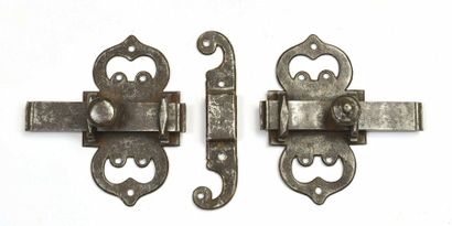 null 201 Pair of bolts on die-cut plates, and a strike plate. 18th century. Height...