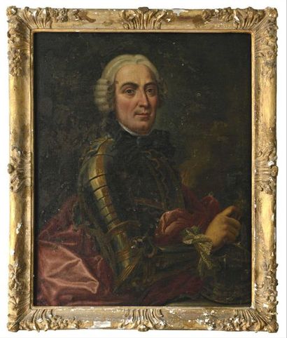 null 24 École du XVIIIe siècle Portrait d’homme en armure Huile sur toile. Accidents...