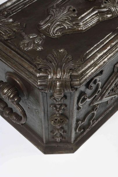 null 263 Exceptional wrought iron master chest Finely chiselled and embossed decoration...